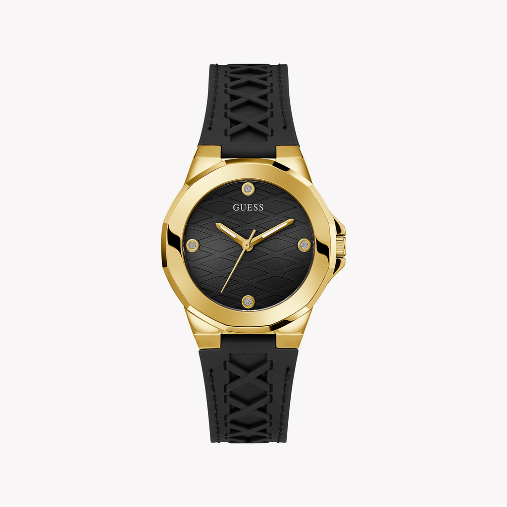 GUESS GW0599L2 - TIMELESS GLAMOUR: Unisex Gold & Black Silicone Watch with Quartz Precision