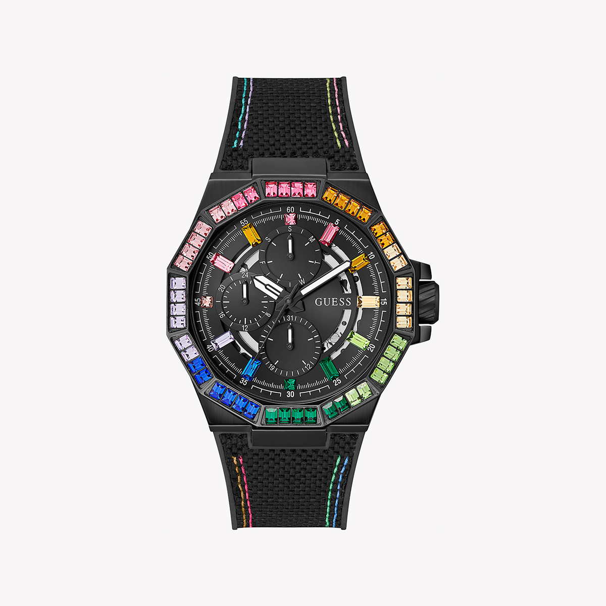 GUESS GW0701G1 BOLD STRIKE - BLACK RECYCLED STEEL MEN'S WATCH WITH COMFORTABLE NYLON/SILICONE BAND