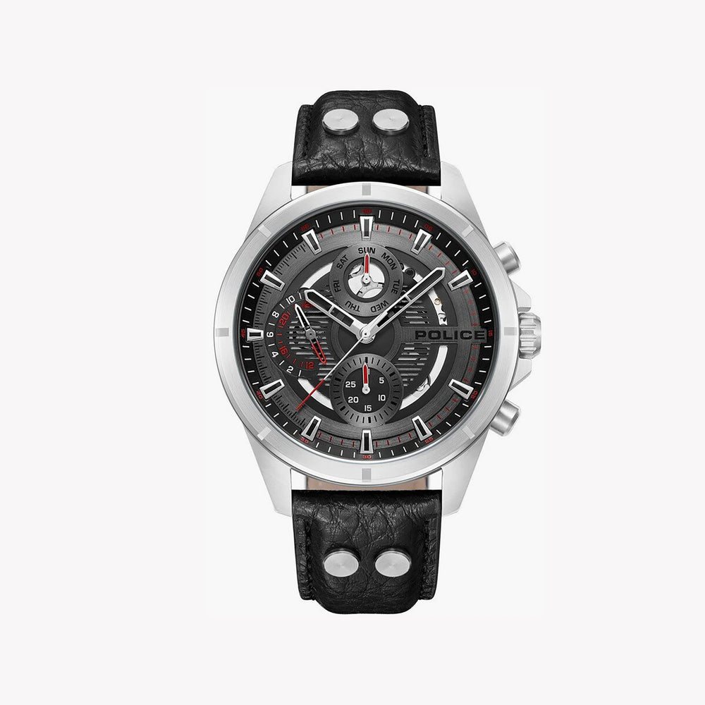 Police Men's Silver Watch, Black Leather Strap | Pewjf0004601 by i-watch