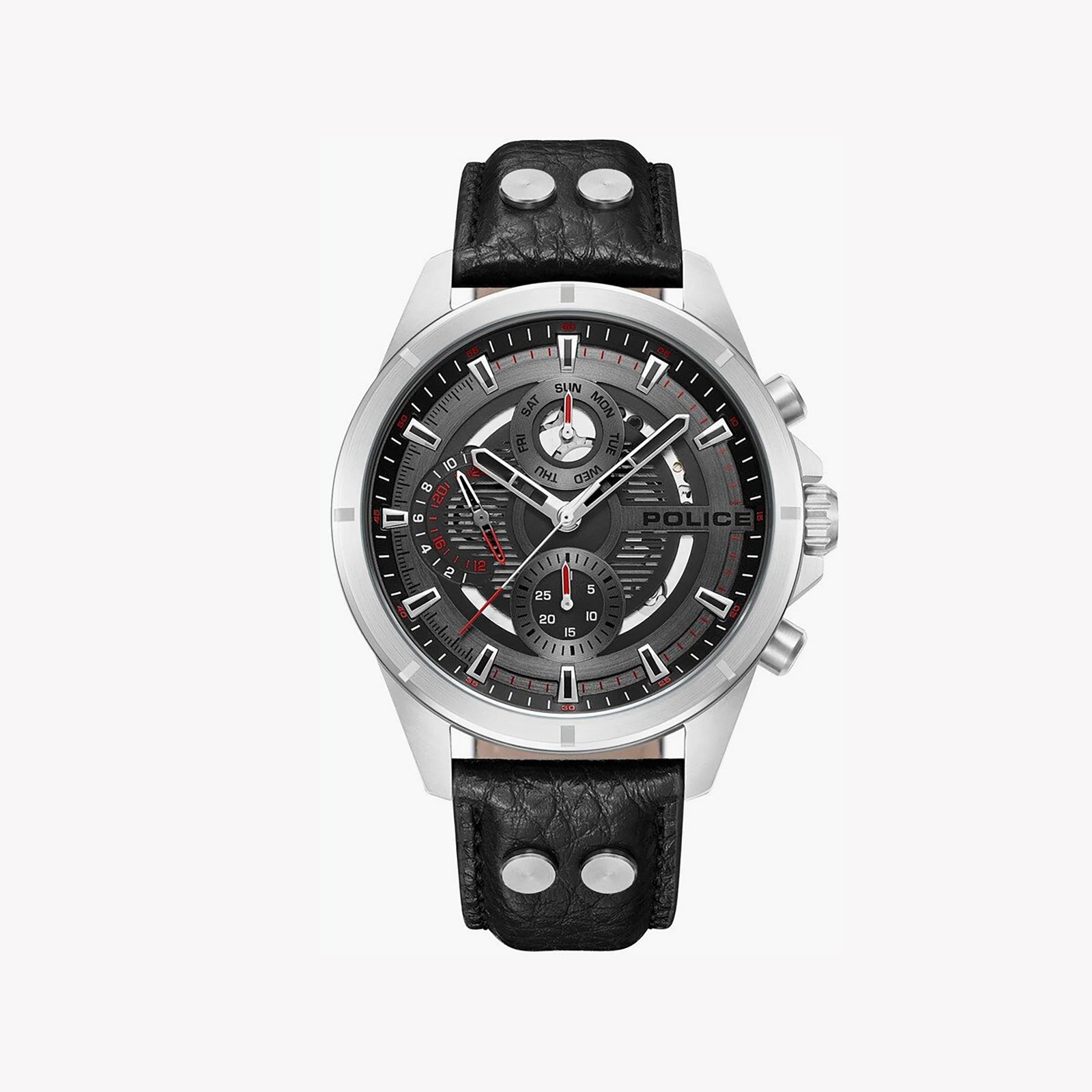 Police Men's Silver Watch, Black Leather Strap | Pewjf0004601 by i-watch