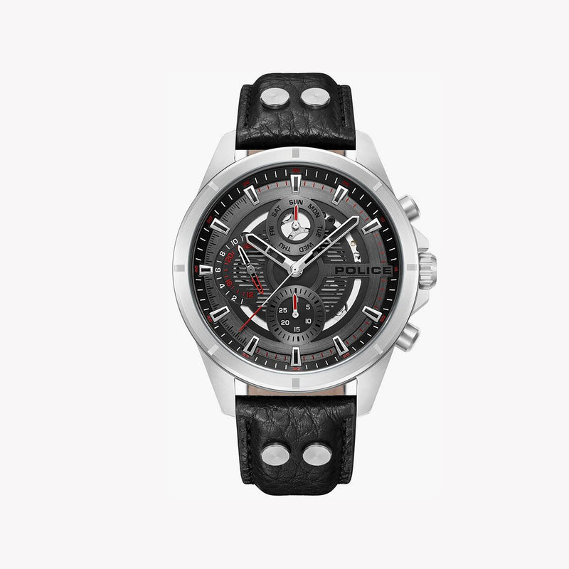 Police Men's Silver Watch, Black Leather Strap | Pewjf0004601 by i-watch