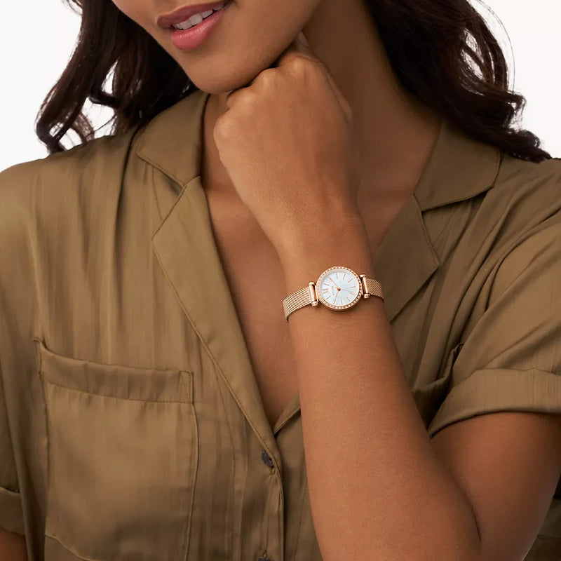 Fossil Women's Rose Gold Mesh Watch, White Dial | Bq3897 by i-watch