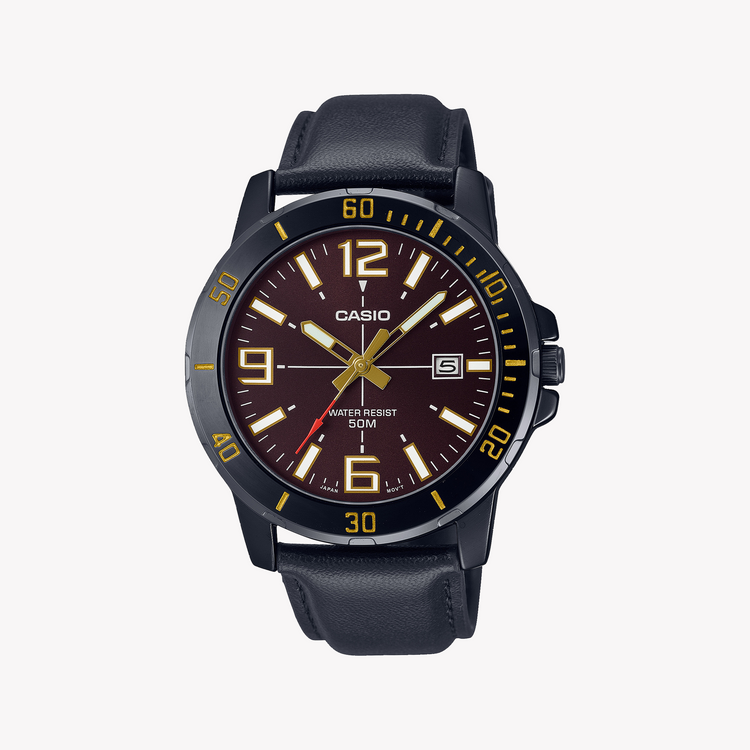 CASIO MTP-VD01BL-5BVUDF RUGGED ELEGANCE - MEN'S TIMEPIECE WITH BROWN DIAL & BLACK LEATHER BAND