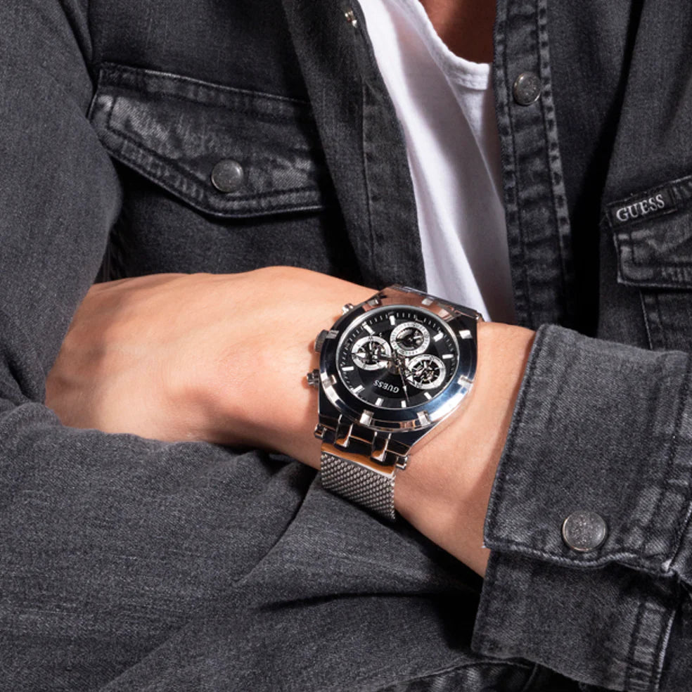 Guess Men's Silver Stainless Steel Watch, Black Dial | Gw0582g1 by i-watch
