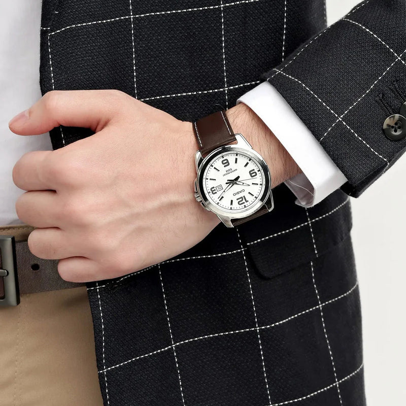 Mtp Men's Alloy & Leather Watch, Silver & Brown | Mtp-1314pl-7avef by i-watch