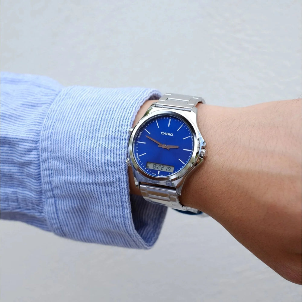 Timeless Elegance Men's Silver Watch, Blue Dial | Mtp-Vc01d-2eudf by i-watch