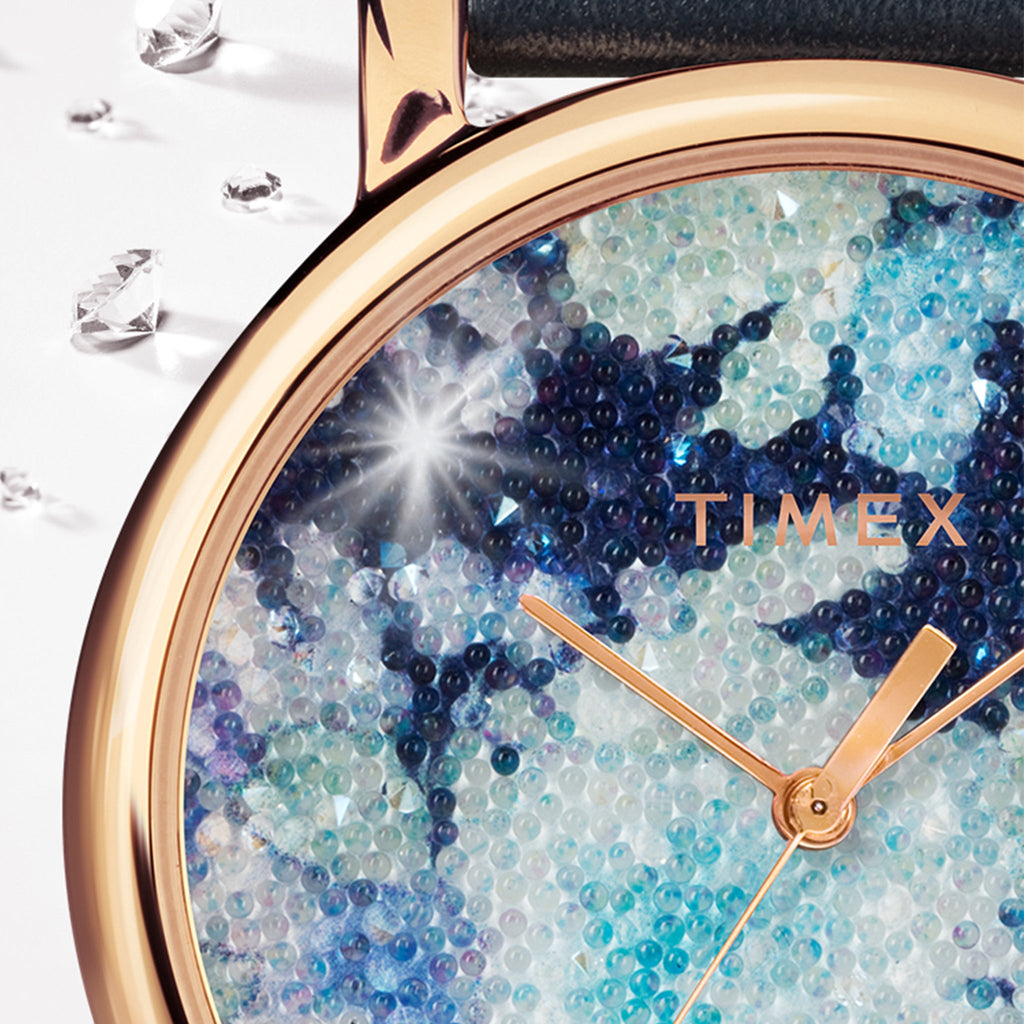 TIMEX Damenuhr mit roségoldenem Messinggehäuse und blauem Lederarmband