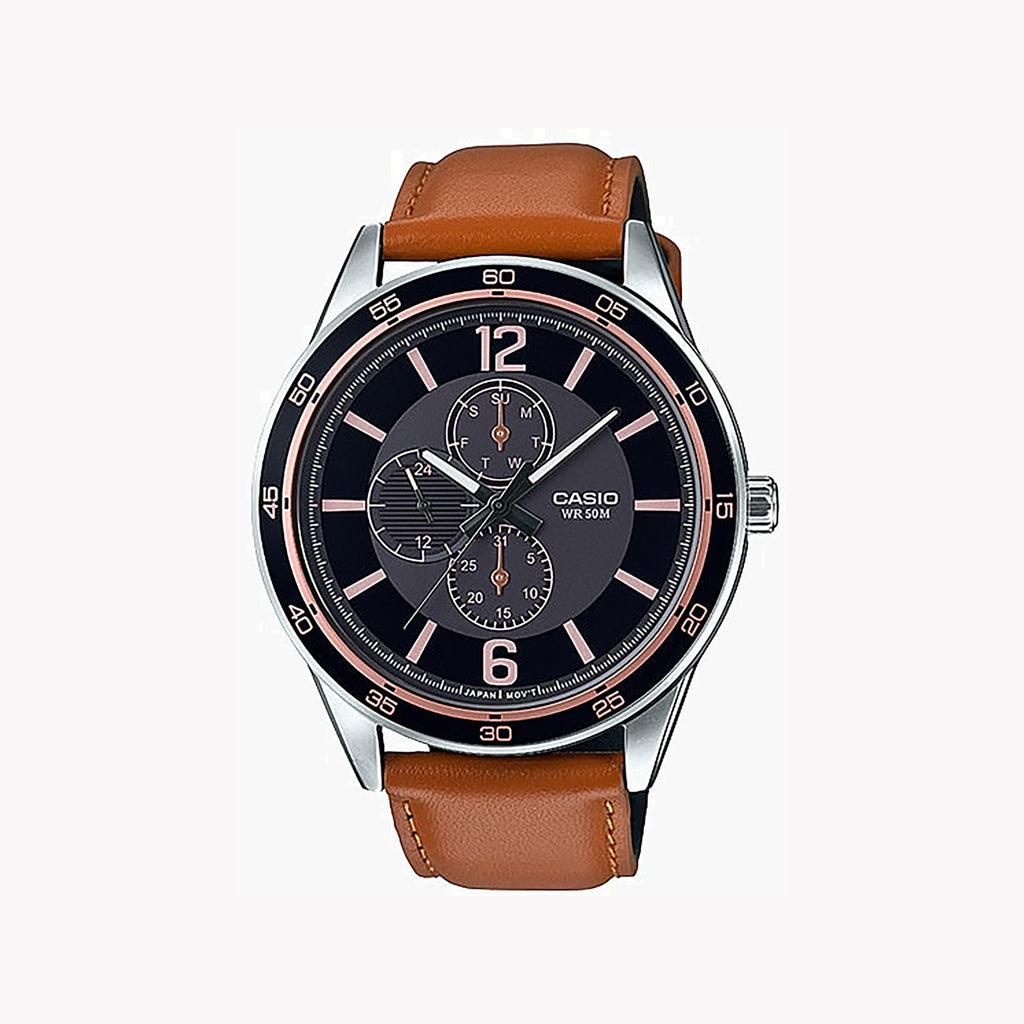 CASIO MTP-E319L-1BVDF ELEGANT ADVENTURER - MEN'S STYLISH LEATHER WATCH WITH BLACK DIAL