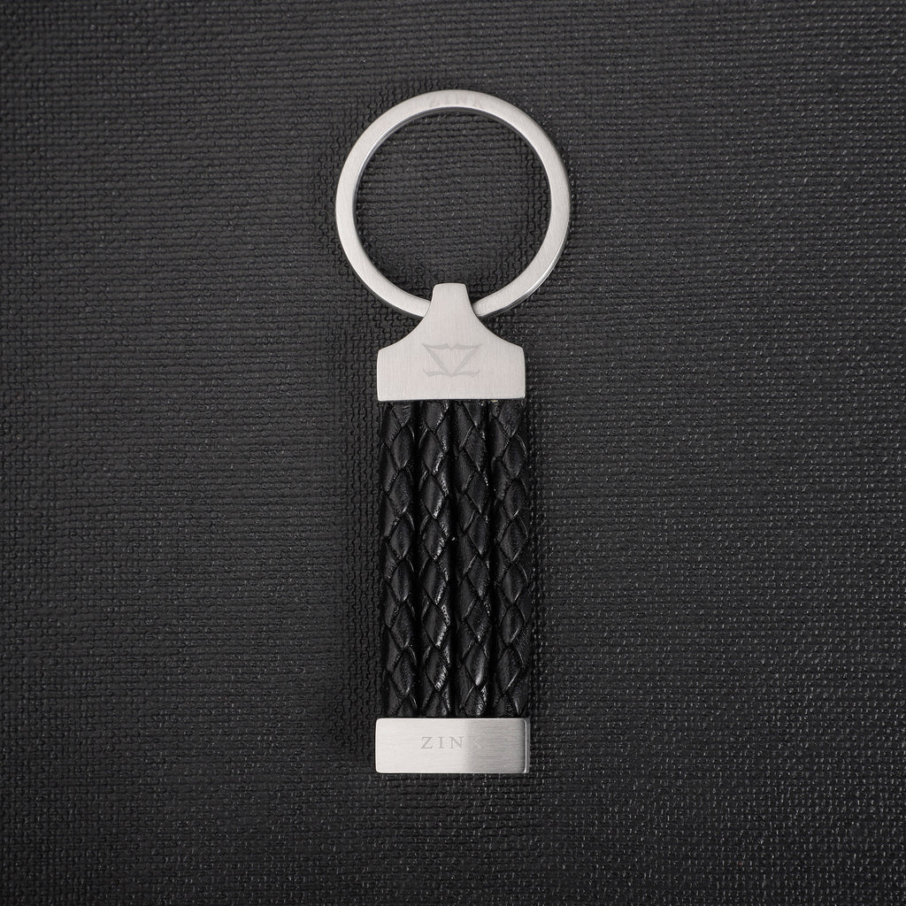 Zink Keychain - Silver & Black - Stainless Steel & Leather | Zjkc008b