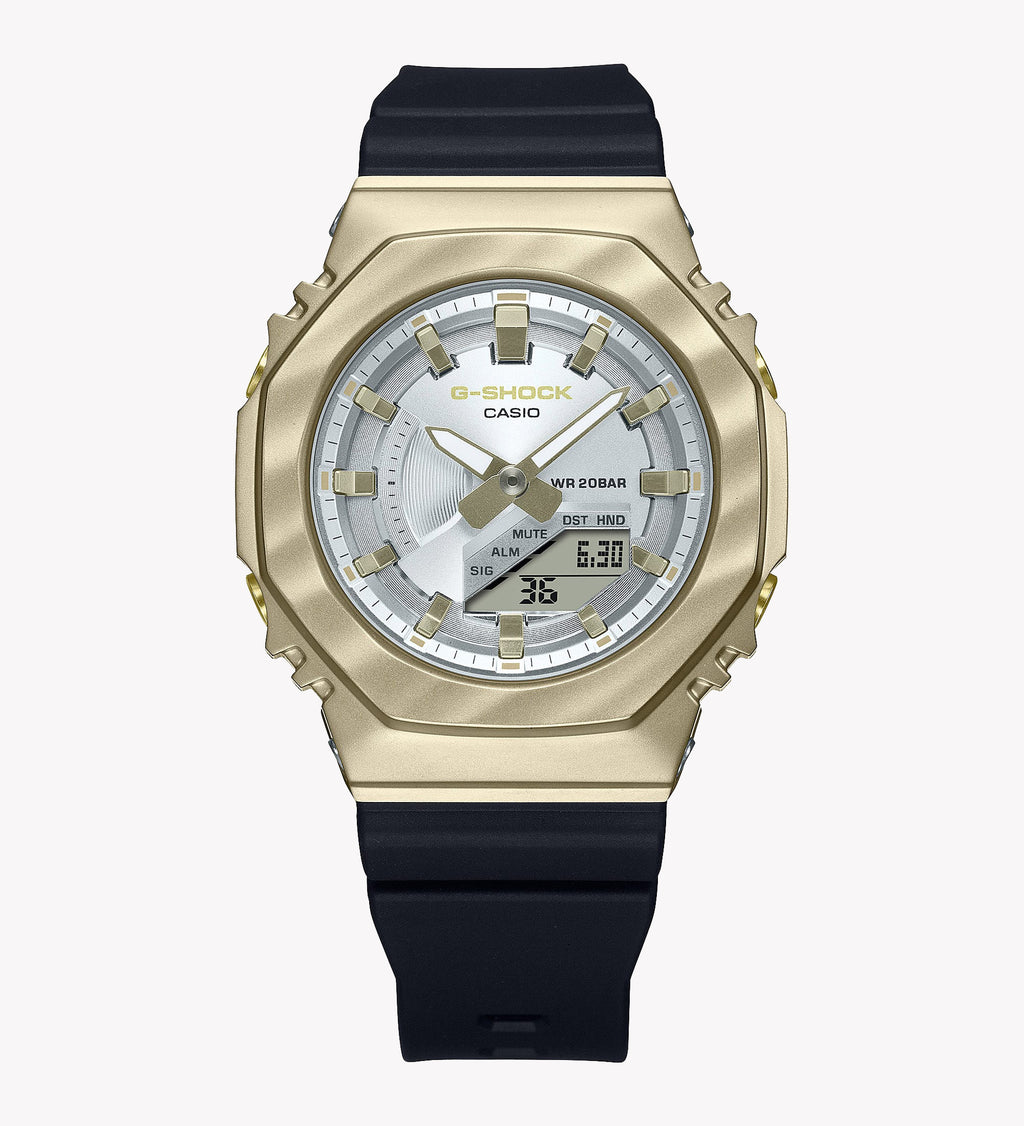 G-Shock Damenuhr mit silbernem Harz- und Edelstahlgehäuse und silbernem Harzarmband