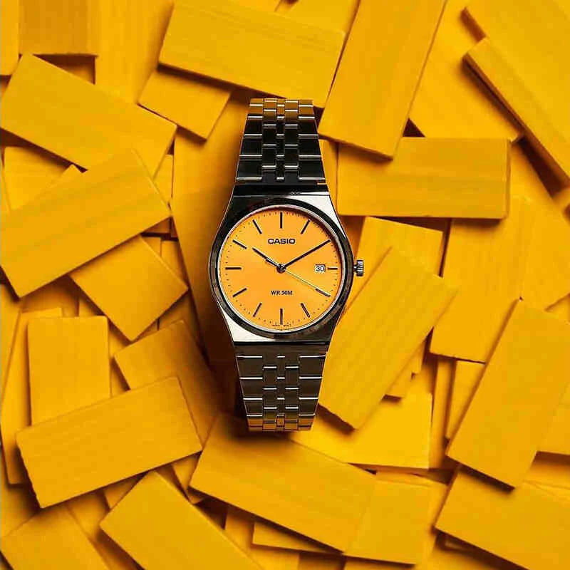 Casio Men's Silver Stainless Steel Watch, Yellow Dial | Mtp-B145d-9av by i-watch