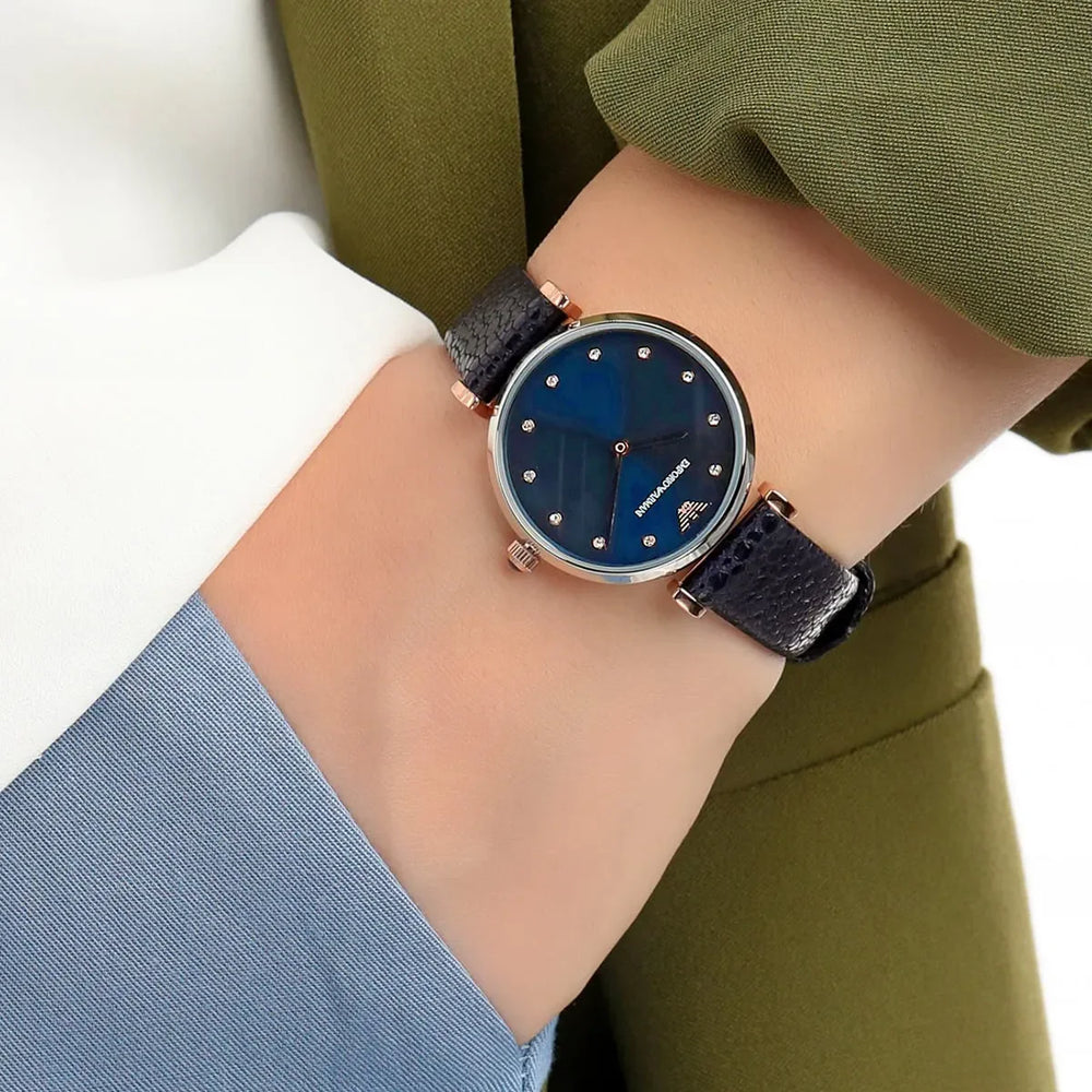 Emporio Armani Women's Dark Blue Leather Watch, Silver Case | Ar1989 by i-watch