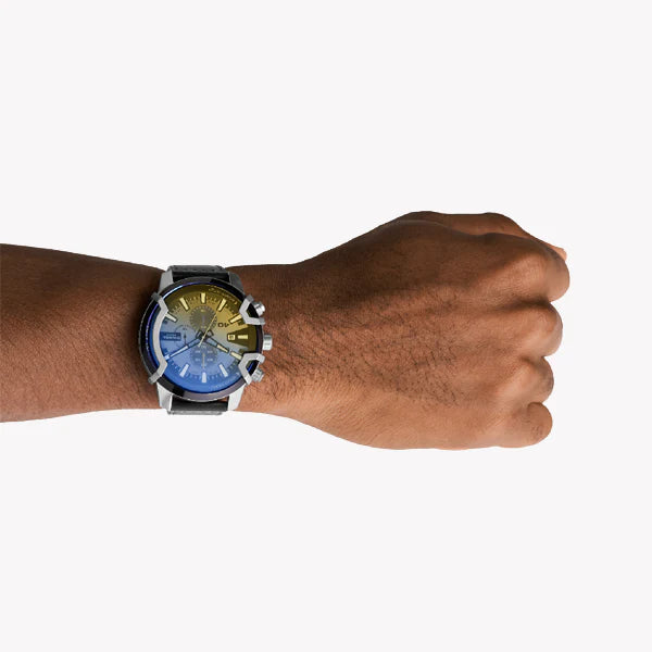Diesel Men's Silver & Blue Watch, Black Leather Band | Dz4584 by i-watch