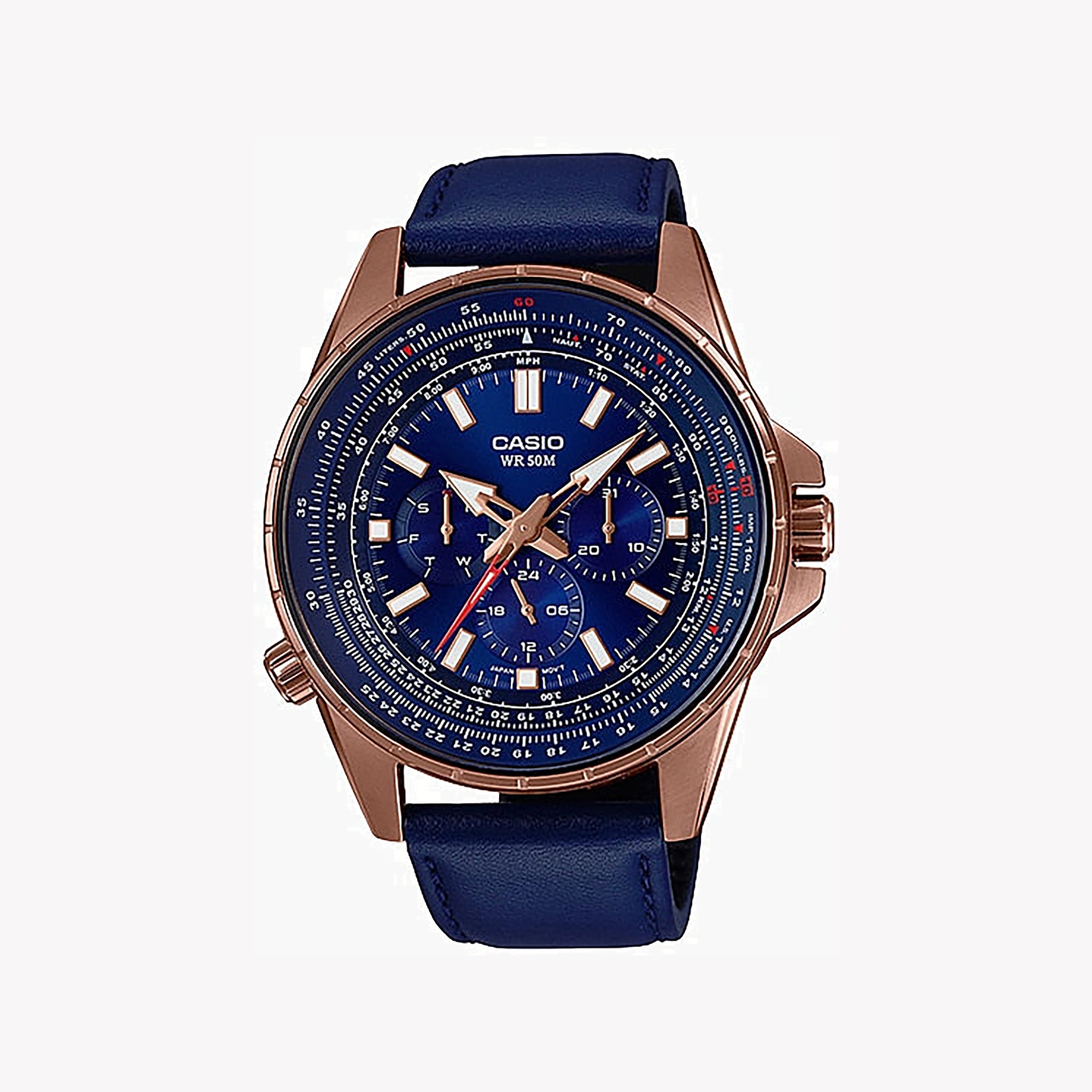 CASIO MTP-SW320RL-2AVDF - SPORTY ELEGANCE IN ROSE GOLD & BLUE DIAL Men's Watch with leather band and water resistance