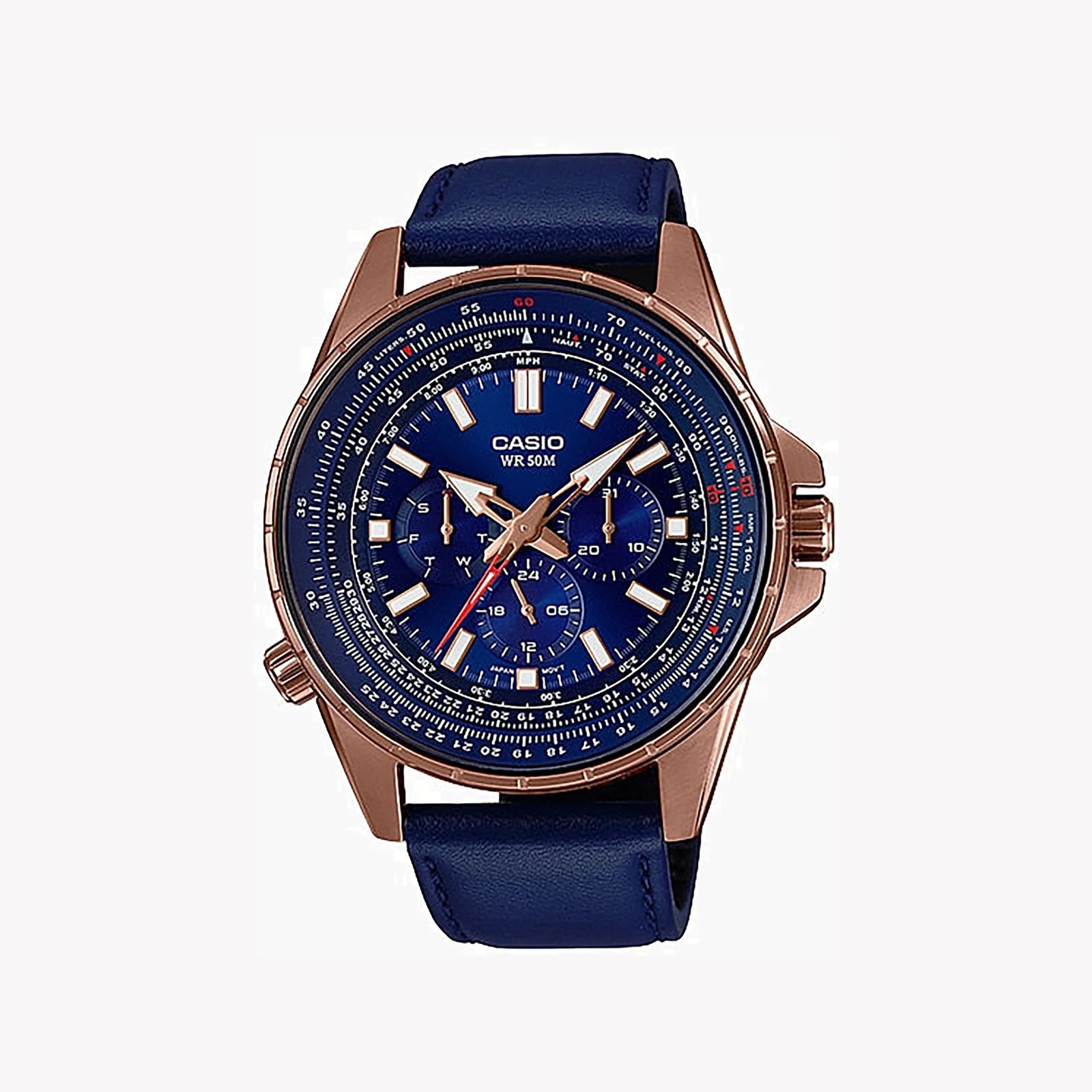Casio Mtp-Sw320rl-2avdf - Sporty Elegance In Rose Gold & Blue Dial Men's Watch With Leather BAnd and Water Resistance by i-watch