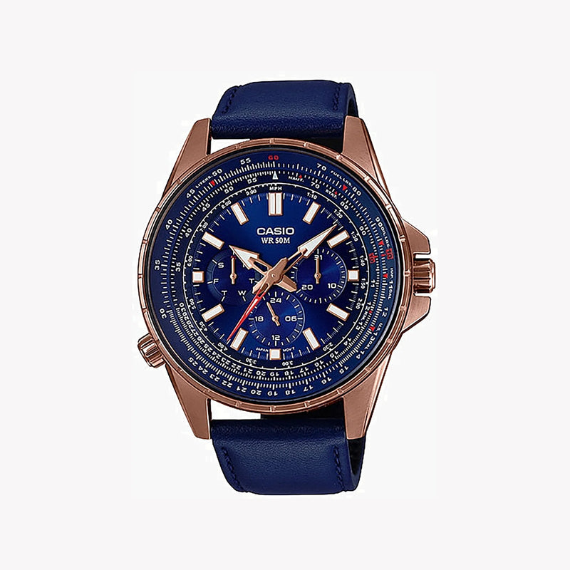 Casio Mtp-Sw320rl-2avdf - Sporty Elegance In Rose Gold & Blue Dial Men's Watch With Leather BAnd and Water Resistance by i-watch