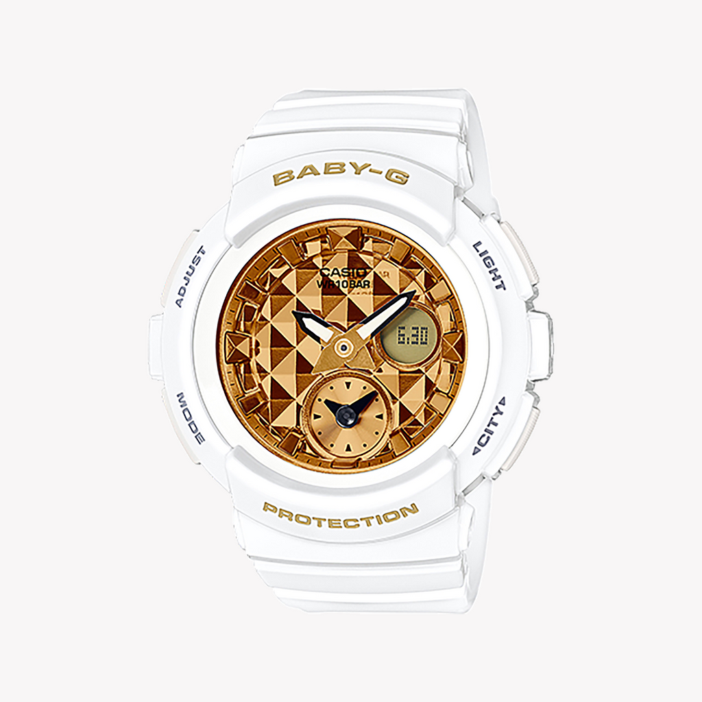 BGA-195M-7ADR BABY-G: CHIC SPIRIT - WATER-RESISTANT Women's Watch with Gold Dial & White Band