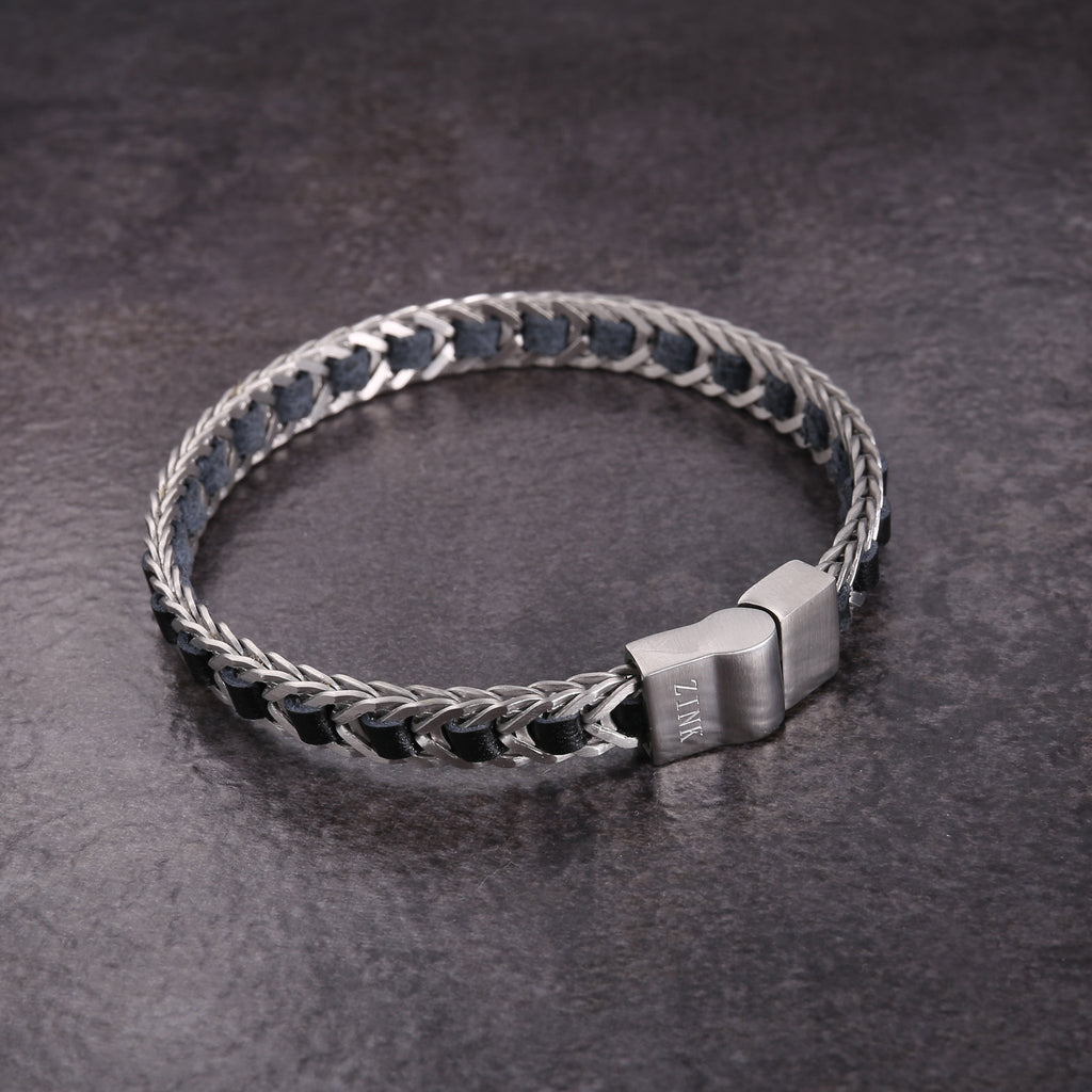 Zink Men's Black & Silver Leather & Stainless Steel Bracelet | Zjbc0373