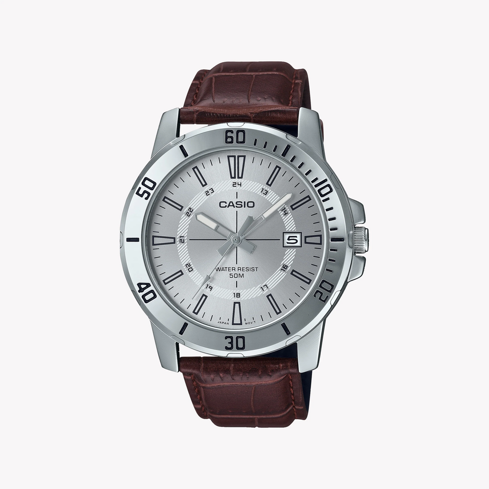 Casio Mtp-Vd01l-7cvudf Sporty Elegance - Men's Timepiece With Brown Leather Band And Silver Dial by i-watch