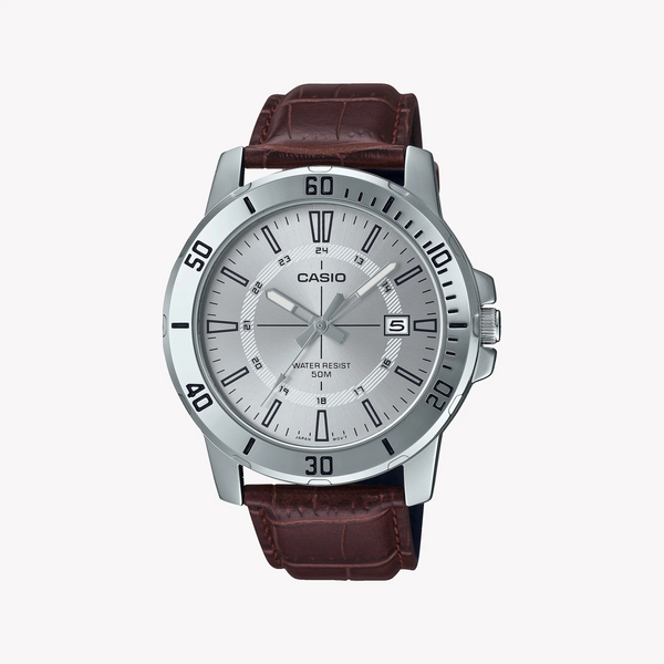 Casio Mtp-Vd01l-7cvudf Sporty Elegance - Men's Timepiece With Brown Leather Band And Silver Dial by i-watch