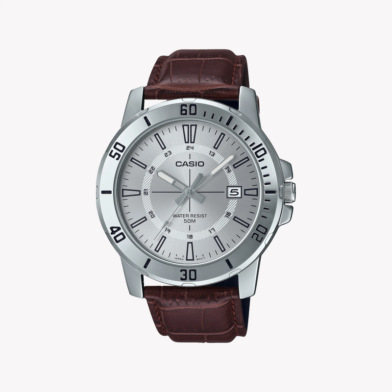 Casio Mtp-Vd01l-7cvudf Sporty Elegance - Men's Timepiece With Brown Leather Band And Silver Dial by i-watch