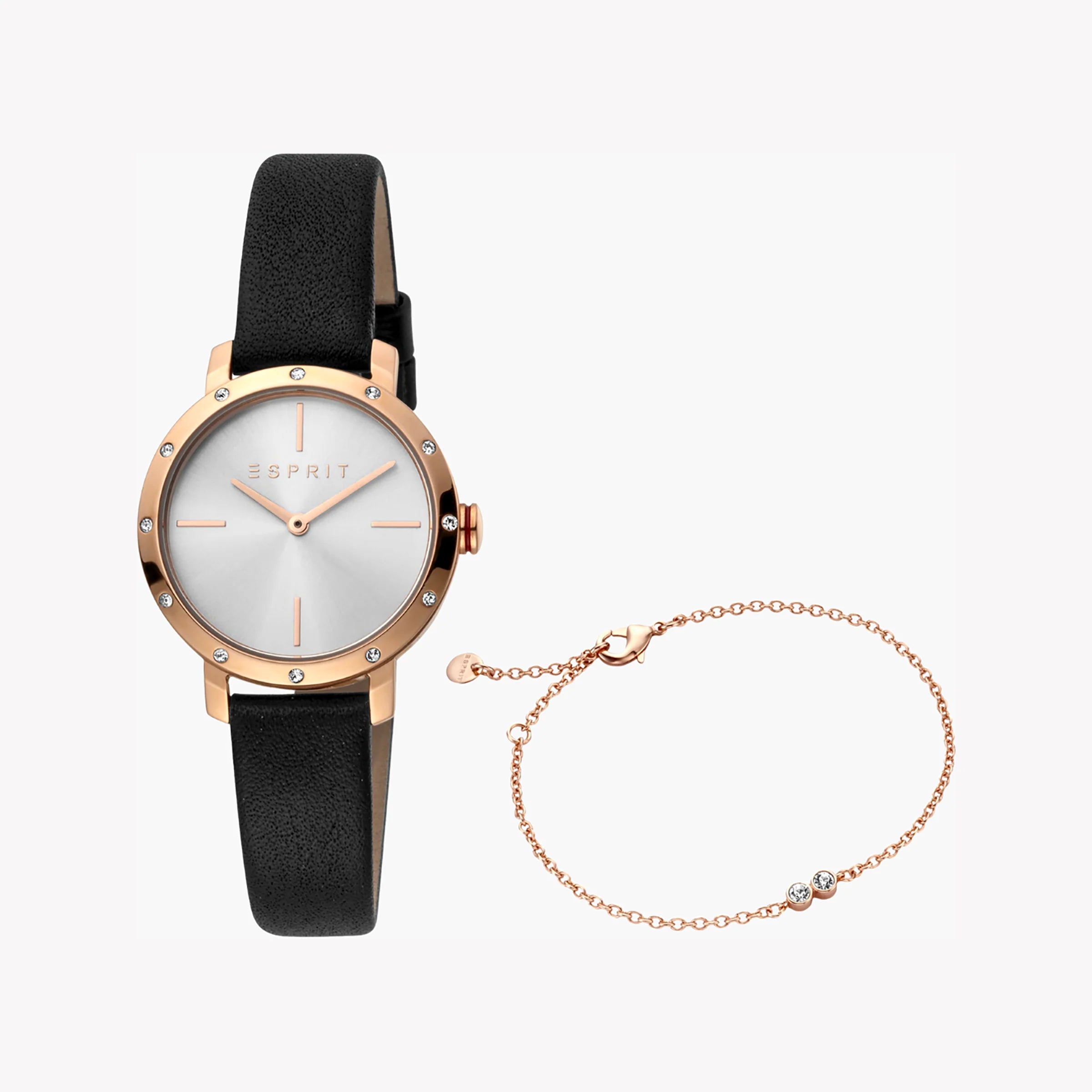 ESPRIT Women's Watch with Rose Gold Stainless Steel Case and Black Leather Band