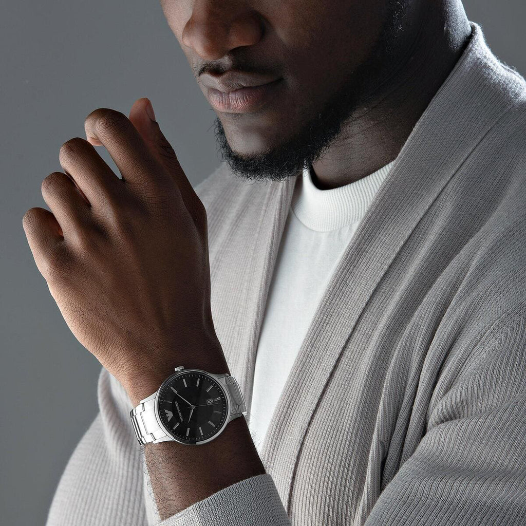 EMPORIO ARMANI AR11181 - BOLD ELEGANCE MEN'S WATCH with Silver Stainless Steel & Striking Black Dial-i-Watch-4