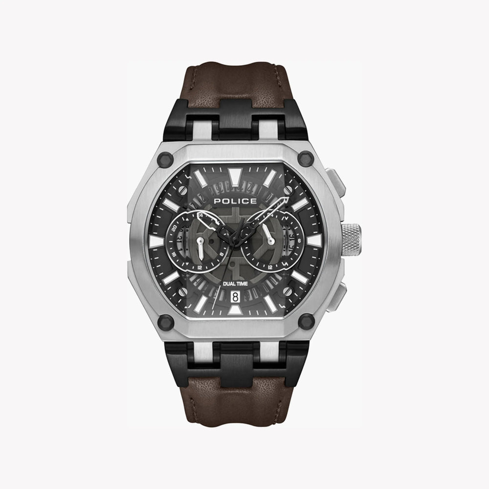 Police Watches Men's Silver Stainless Steel, Brown Silicone | Pewgf0054403 by i-watch