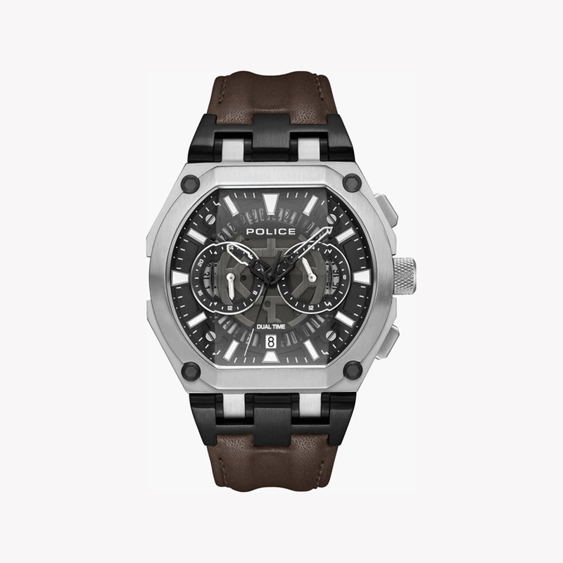 Police Watches Men's Silver Stainless Steel, Brown Silicone | Pewgf0054403 by i-watch