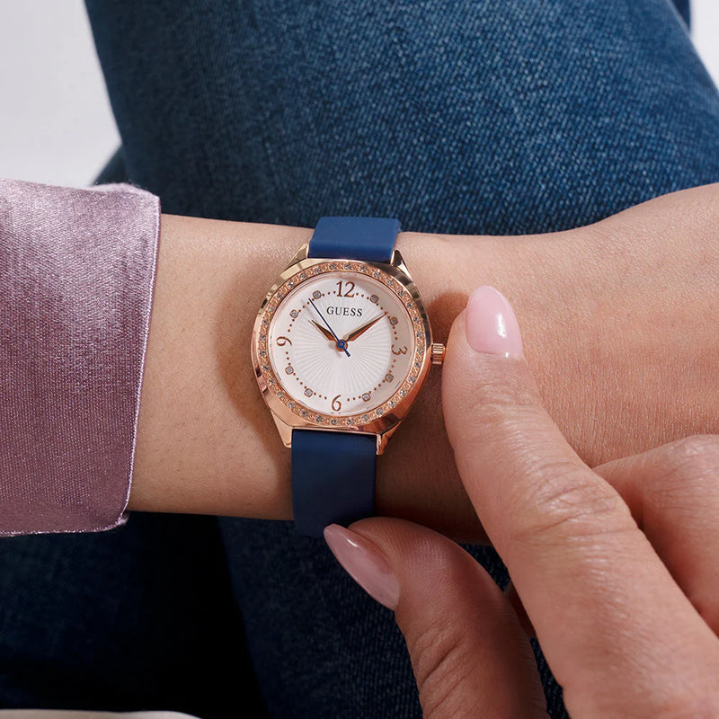 Guess Women's Rose Gold & Blue Silicone Watch, White Dial | Gw0820l2 by i-watch