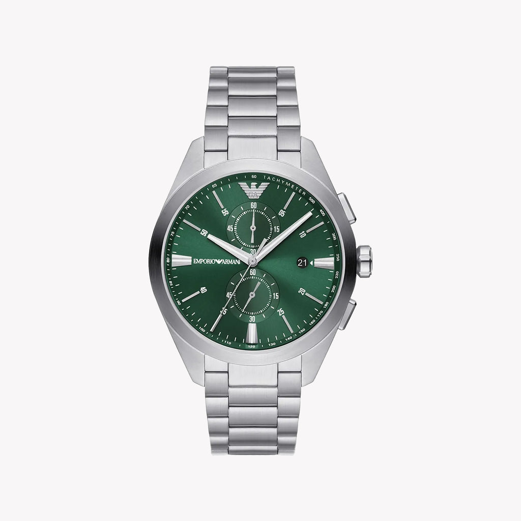 EMPORIO ARMANI AR11480 - STYLISH PRECISION WITH VIBRANT GREEN DIAL & SILVER STAINLESS STEEL