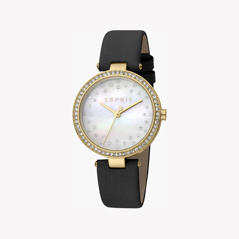 ESPRIT Women's Watch with Gold Stainless Steel Case and Black Leather Band