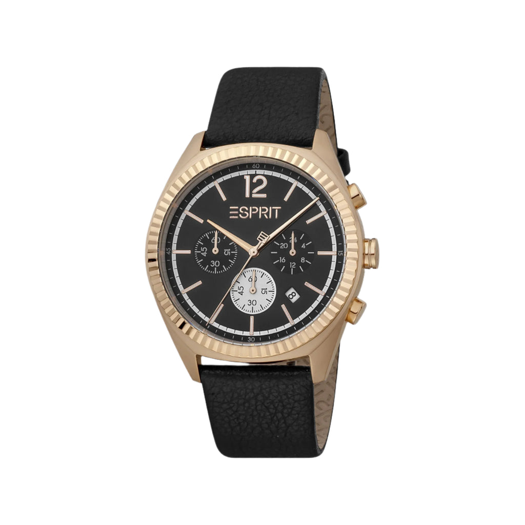 ESPRIT MEN'S TIMEPIECE - STYLISH BLACK LEATHER & ROSE GOLD - ELEGANT & DURABLE WATCH