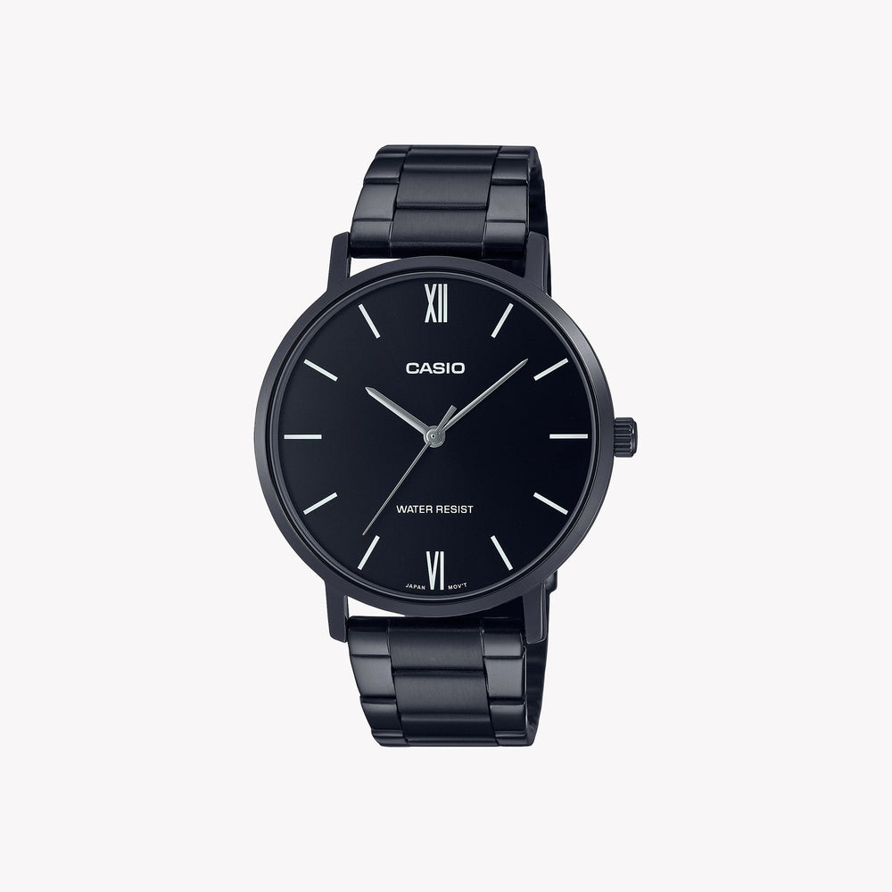 Casio Men's Black Stainless Steel Watch, Black Dial | Mtp-Vt01b-1b by i-watch