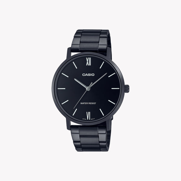 Casio Men's Black Stainless Steel Watch, Black Dial | Mtp-Vt01b-1b by i-watch