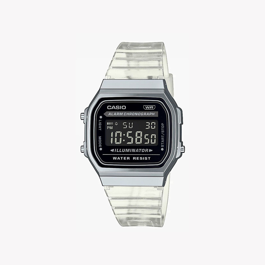 CASIO A168XES-1BEF BOLD UTILITY - SLEEK SILVER DIGITAL WATCH WITH TRANSPARENT BAND & ALARM