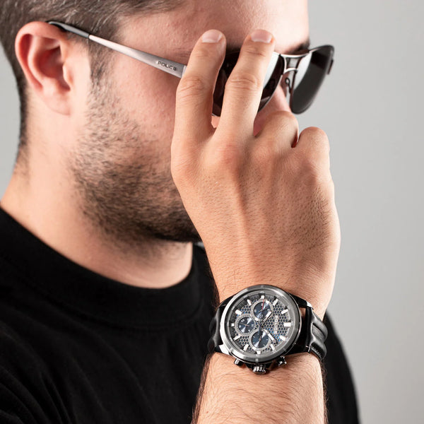 Police Men's Black Leather Watch, Blue & Gun Dial | Pewjf2204102 by i-watch
