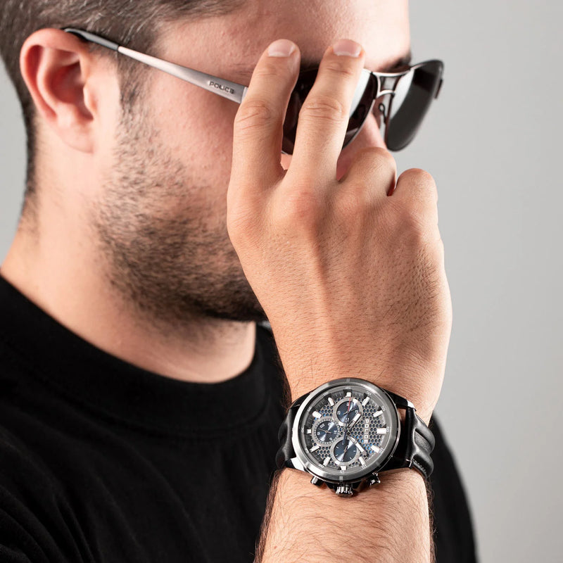 Police Men's Black Leather Watch, Blue & Gun Dial | Pewjf2204102 by i-watch