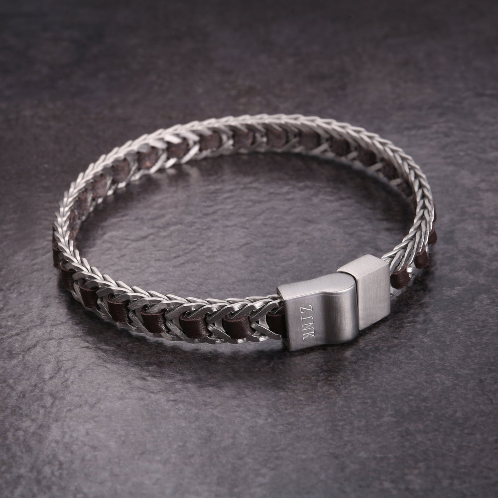 Zink Men's Silver & Brown Bracelet | Stainless Steel & Leather | Zjbc03710