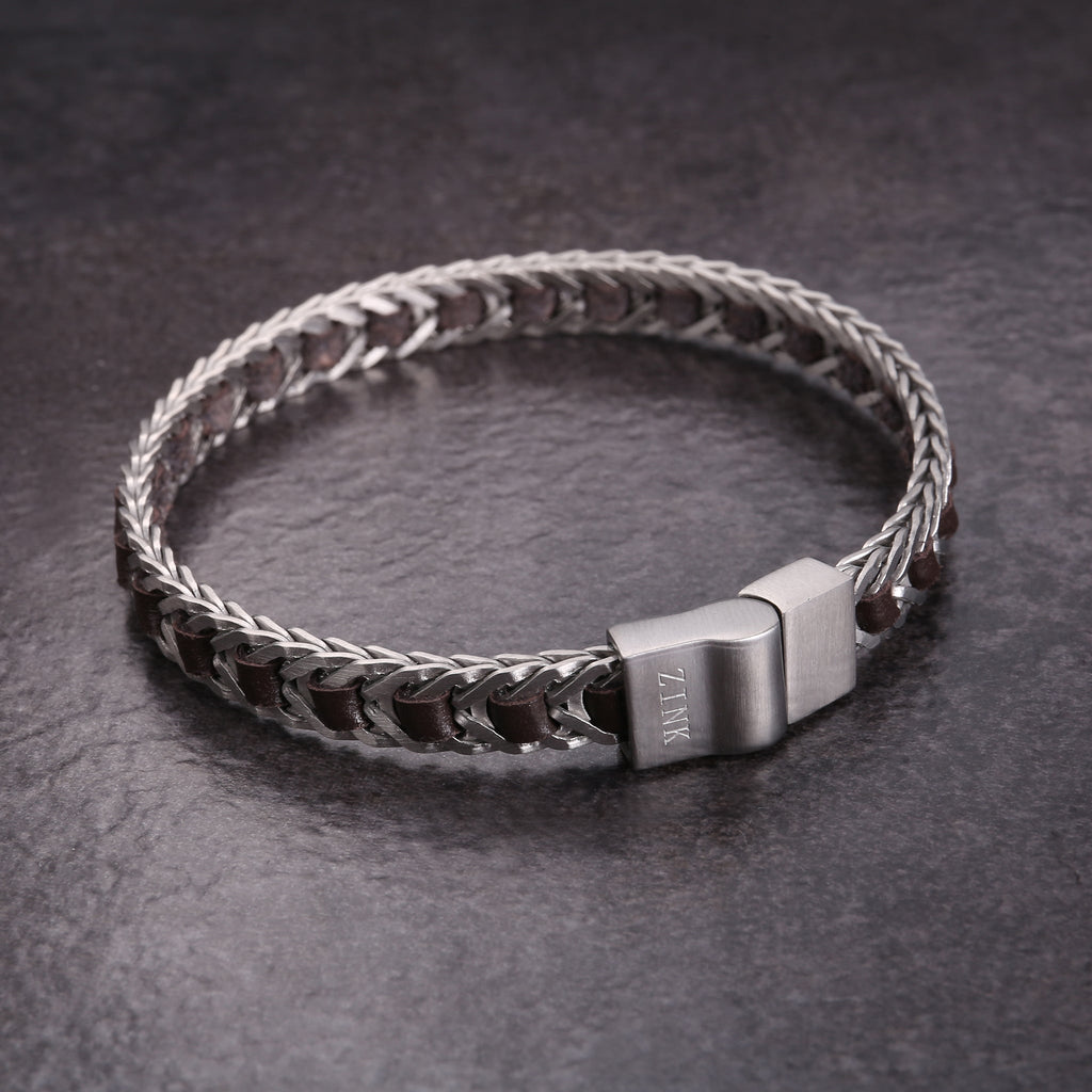 Zink Men's Silver & Brown Bracelet | Stainless Steel & Leather | Zjbc03710