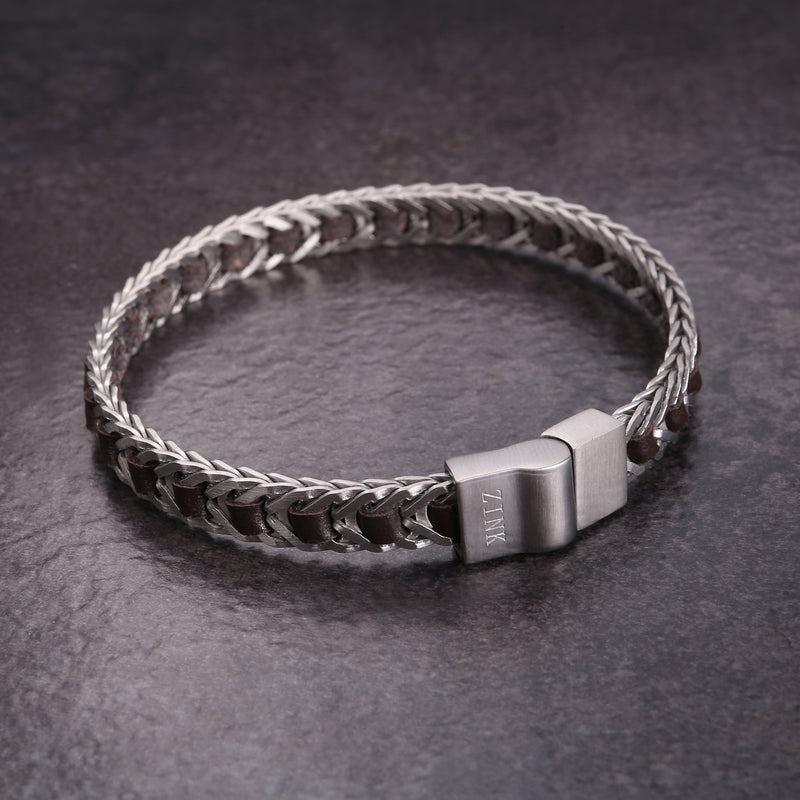 Zink Men's Silver & Brown Bracelet | Stainless Steel & Leather | Zjbc03710
