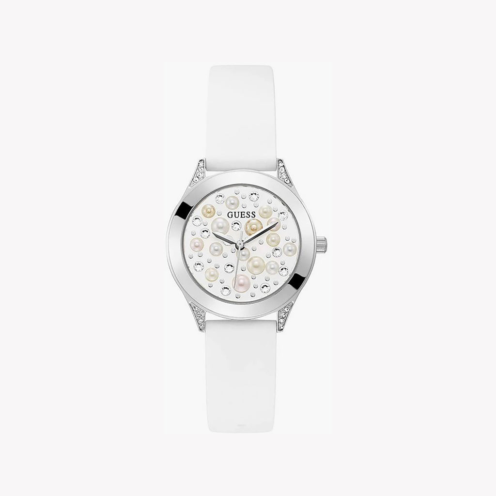 GUESS GW0381L1 SILVER GLAM - CHIC MODERN WOMEN'S WATCH with White Silicone Band & Radiant Dial