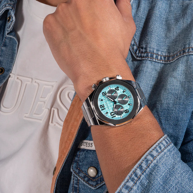 Guess Men's Silver Watch, Turquoise Dial | Gw0489g3 by i-watch