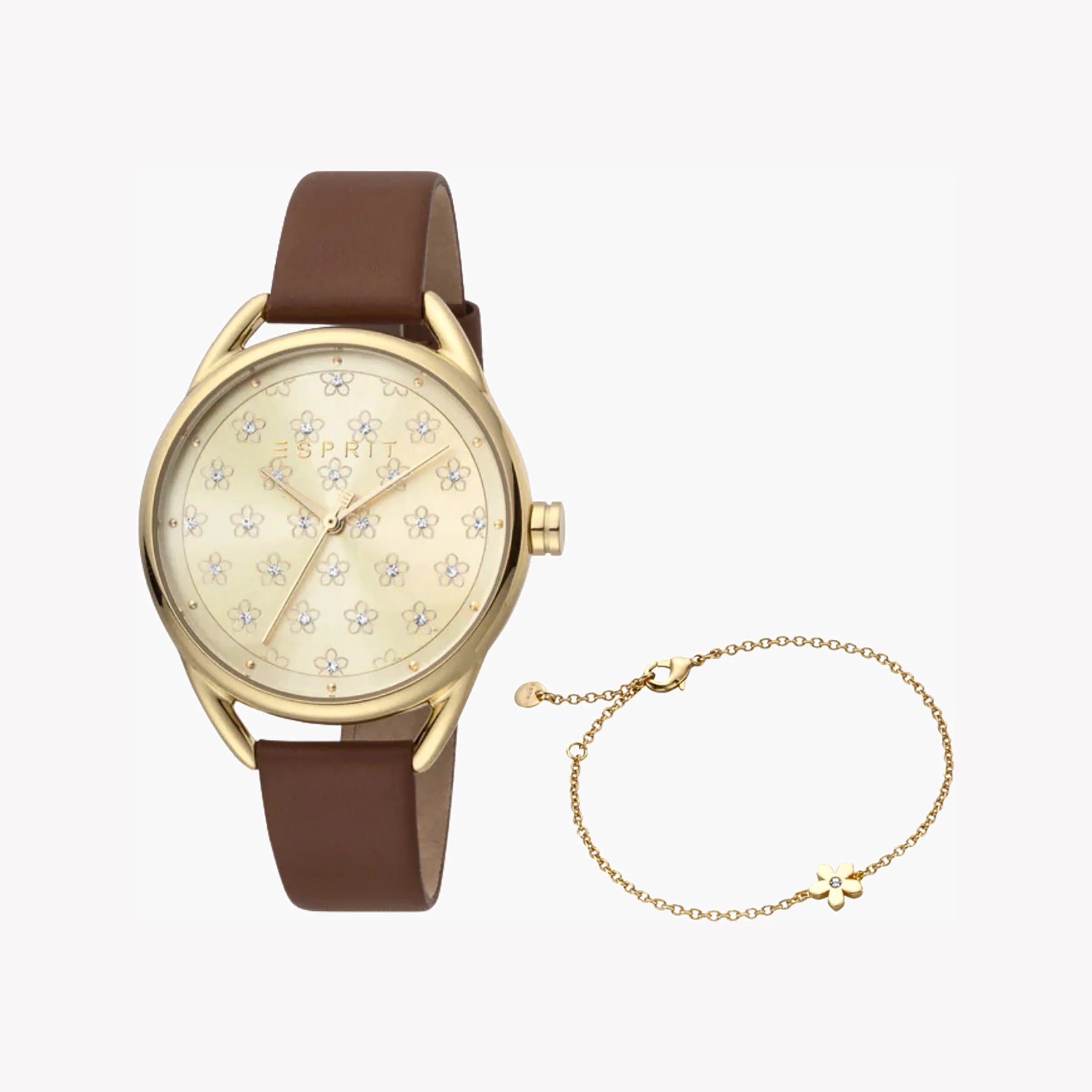 ESPRIT Women's Watch with Gold Stainless Steel Case and Brown Leather Band