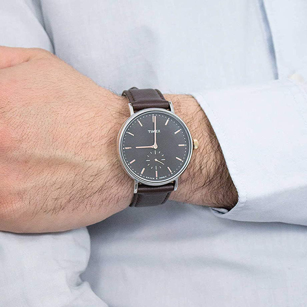 Timex Men's Brown Leather Watch, Black Dial | Tw2r38100