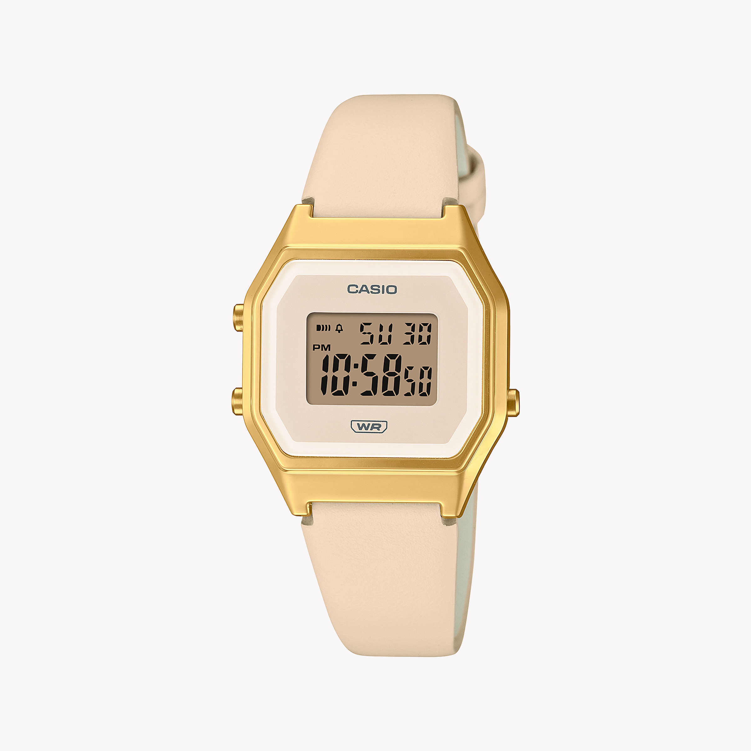 CASIO LA680WEGL-4DF SPORTY ELEGANCE - GOLD-CHIC UNISEX WATCH with white leather band and digital display