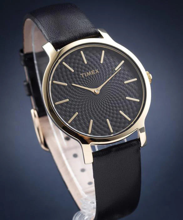 Timex Women's Black Leather Watch, Gold Case | Tw2r36400