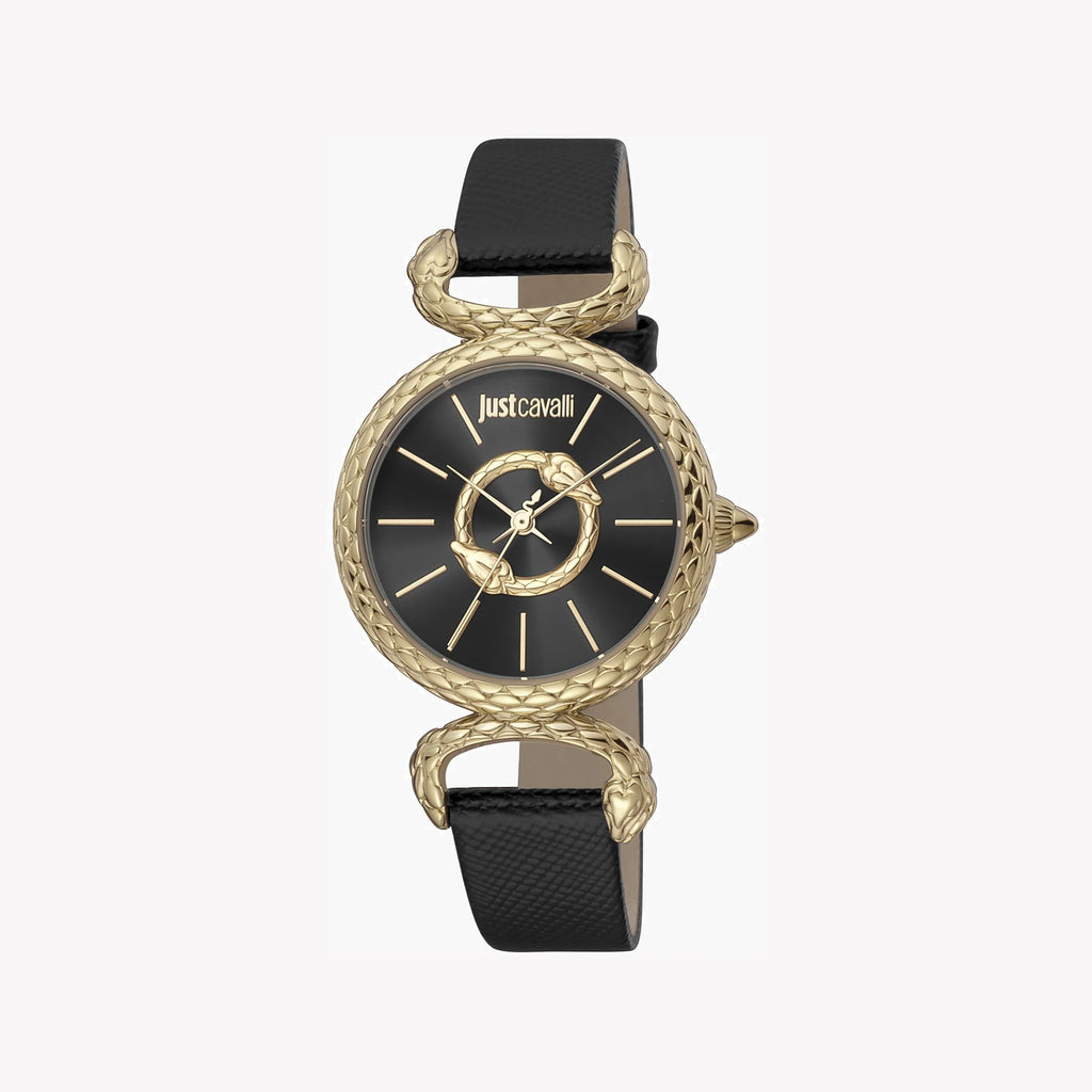 JUST CAVALLI Women's Watch with Gold Stainless Steel Case and Black Leather Band
