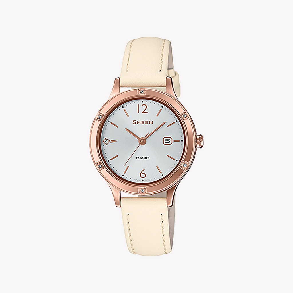 CASIO SHE-4533PGL-7AUDF ELEGANCE - ROSE GOLD BEAUTY WITH SPORTY CHARM Women’s Watch - Chic White Dial & Leather Band