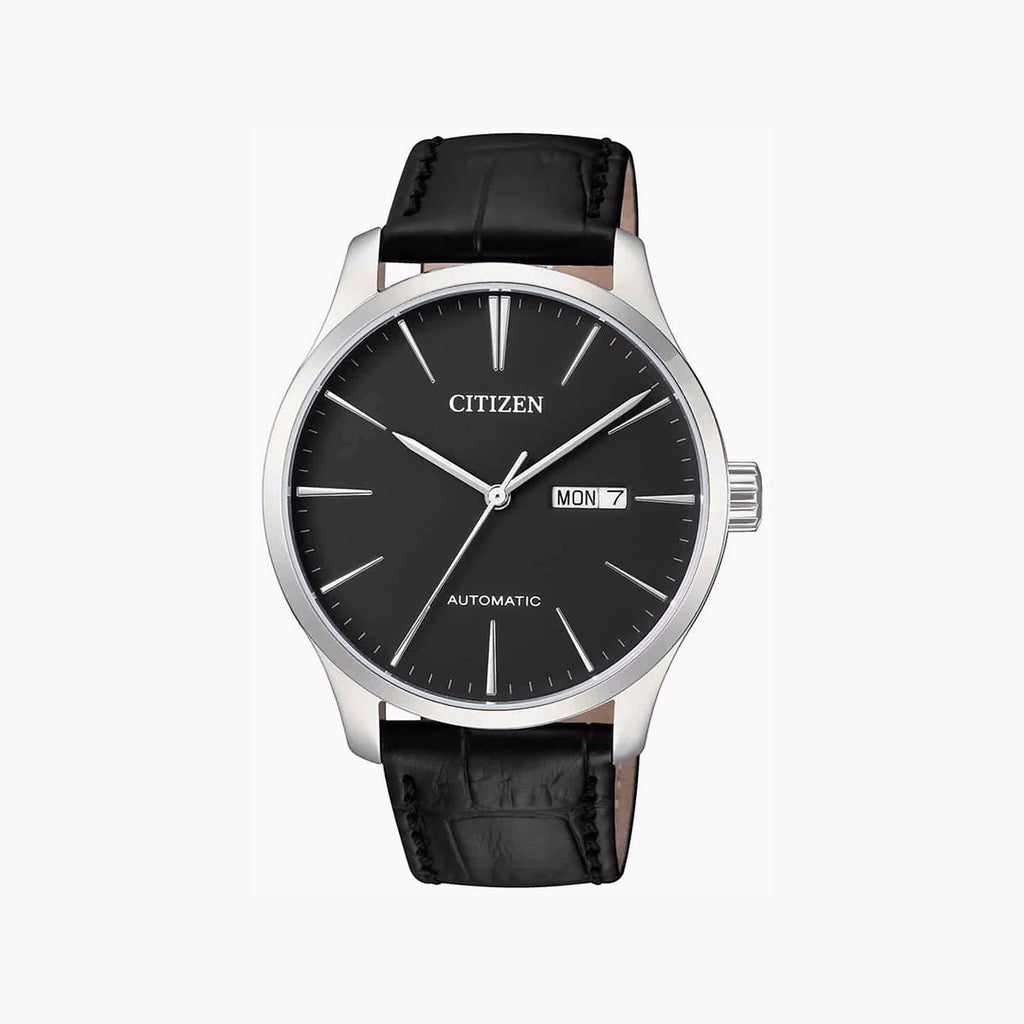 CITIZEN NH8350-08E - DAPPER AUTOMATIC TIMEPIECE WITH BLACK LEATHER BAND & STRIKING SILVER CASE